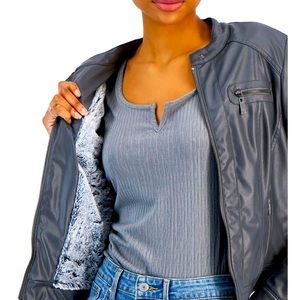 Faux fur lined leather moto jacket never worn.